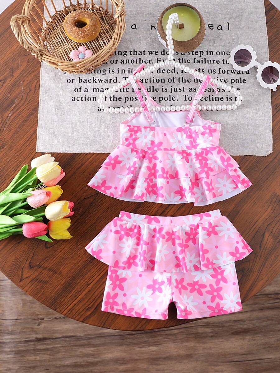 SHEIN Baby Girls Cute Floral Print Ruffled Tankini Swimsuit Set - Pink - View 1