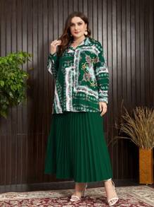 Mulvari Women Casual Loose Turndown Collar Long Sleeve Scarf Print Shirt With A-Line Pleated Solid Color Skirt 2 Pieces Set, Plus Size, Spring/Summer - Multicolor - View 3