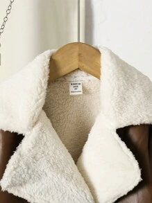 2pcs Young Girl Casual Winter Teddy Coat & Faux Leather Pants Set, Thick Fuzzy Lapel Jacket Paired With Skinny Leather Pants, Suitable For Everyday Wear, Winter