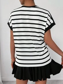 Chiquease 女士短袖 T 恤，夏季服装，拼布，条纹，色块 - 黑與白 - 查看 2