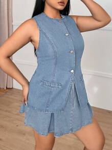 SHEIN Essnce Plus Size Blue Denim Sleeveless Casual Fitted Vest - Medium Wash - View 6