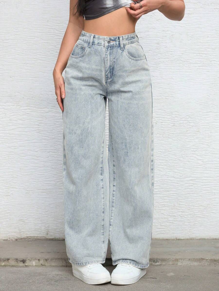 女式纽扣前口袋简约设计休闲牛仔裤 - 淺色水洗藍 - 查看 1