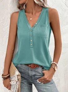 SHEIN LUNE Women's Green Button Pocket Casual Tank Top, Summer - Dusty Blue - View 4