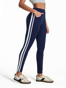 SHEIN Unity Minimalist Contrast Trim Low Waist Leggings Fall Cloth For Women - Navy Blue - View 6
