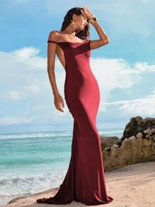 Opulessa Solid Color Knit Backless Fitted Mermaid Dress For Women - Burgundy - View 3