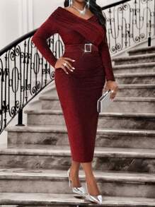 SHEIN Lady Autumn And Winter Elegant Party Wedding Cocktail Party Concert/Music Festival Knitted Metallic Off The Shoulder Straight Draped Midi Long Sleeve Plus Size Dresses Red Dress Valentine's Day Dresses For Women Dress Valentines Red Dresses For Women Formal Dresses For Women Birthday Outfits For Women Valentine's Day Dress Prom Dress Valentine's Day Dress