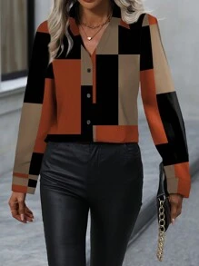 EMERY ROSE Women Geometric Print Long Sleeve Single Breasted Casual Blouse, For Autumn Women Shirt Fall Cloth For Women - Multicolor - View 4