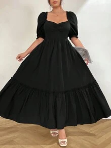 Celure Váy chữ A tay bồng bèo nhún cúp ngực màu trơn cỡ lớn cho nữ, mùa xuân/hè - màu đen - Xem 6