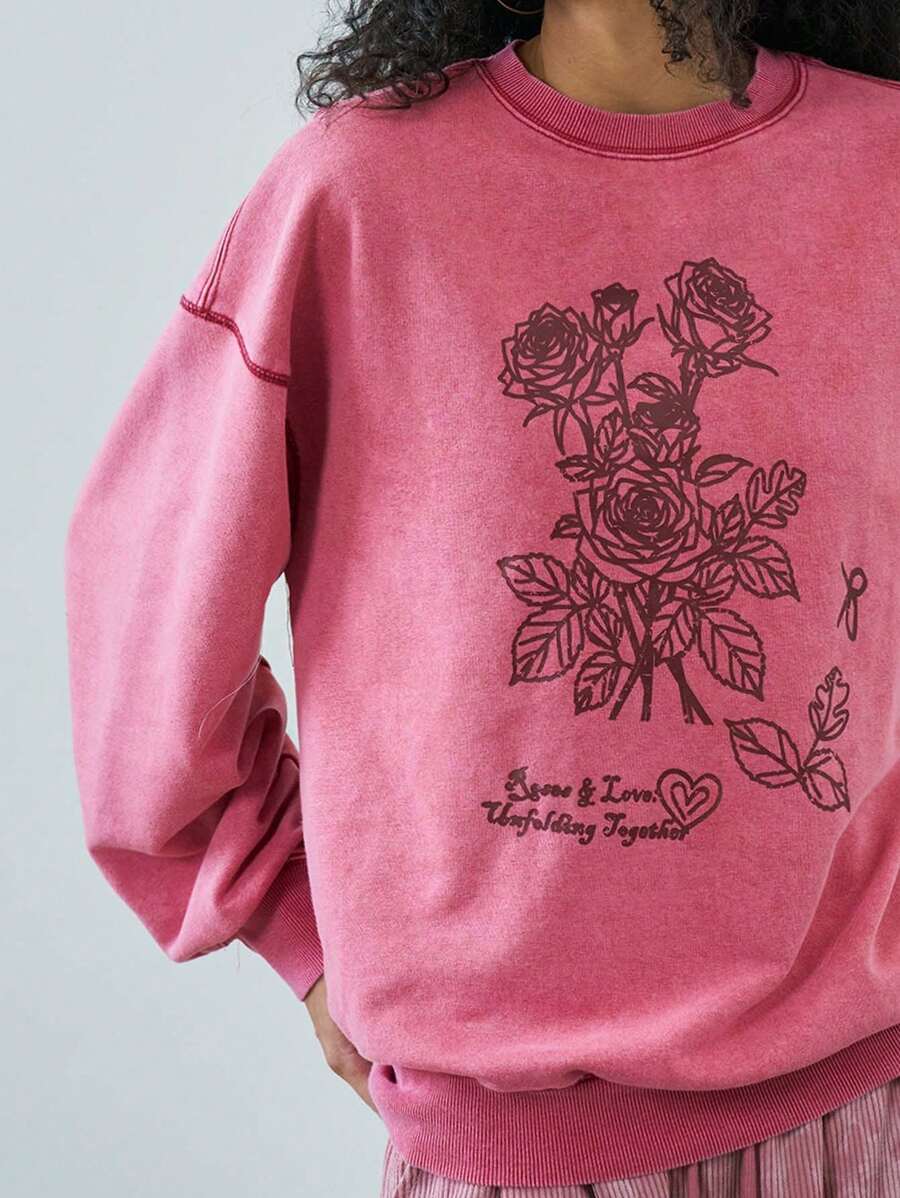 Easelle 女士情人节休闲复古红色酸洗圆领宽松长袖卫衣，秋冬款 - 紅色 - 查看 1