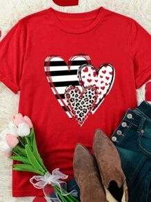 Manfinity VCAY Tricou casual unisex cu mânecă scurtă cu plasture cu transfer termic, potrivit pentru Ziua Îndrăgostiților