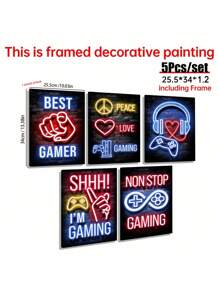 5 件霓虹灯墙艺术、游戏文化帆布印刷壁画、游戏热爱海报、和平符号艺术品、复古游戏氛围房间美学、游戏配件墙面装饰、艺术印刷品、家居装饰、海报、理想礼物，适用于客厅、卧室、浴室、咖啡厅