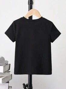 SHEIN 年轻女孩豹纹、条纹和心形图案圆领短袖 T 恤 - 黑色 - 查看 4