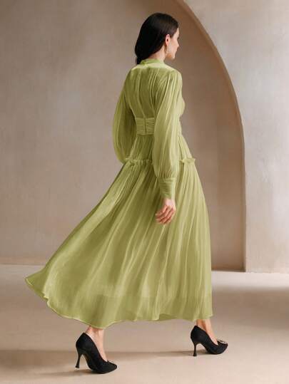 Distinctive Sparkly Fabric Puff Sleeve Waist-Tie Maxi High Waist Dress