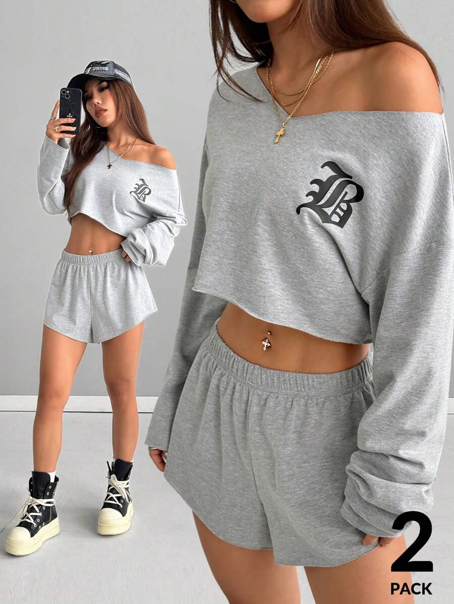 SHEIN EZwear Women's Spring And Summer For Festival Date Night Basic Graphics V-Neck T-Shirt And Track Shorts 2pcs - Grey - View 1