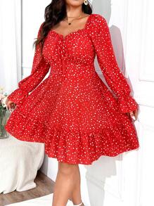 Franclia Plus Size Sweetheart Collar Ruffle Hem Long Sleeve Simple Short Dress,Valentine