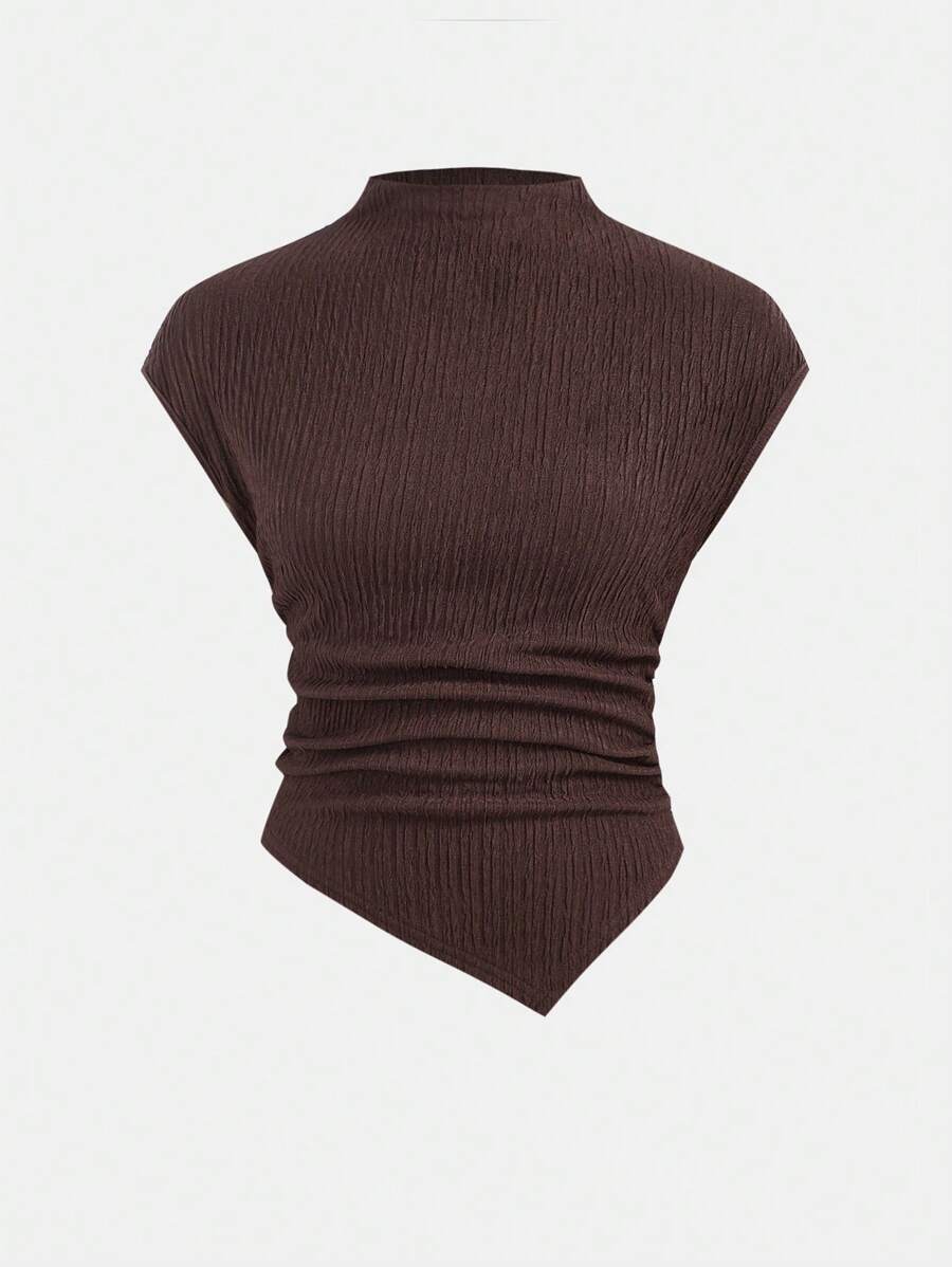 SHEIN Girlism 少女春夏装，春季纯棕色/针织纹理面料不对称下摆T恤/适合春夏季穿着，聚会 - 棕色 - 查看 1