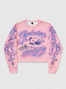 ROMWE MEN Street Life Men's Letter Print Long Sleeve Pullover Pink Long Sleeve Sweatshirt, Autumn/Winter