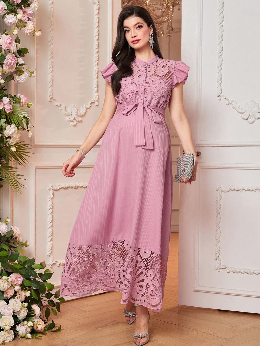 SHEIN 孕妇装 撞色蕾丝盖袖打结腰优雅连衣裙 - 粉色 - 查看 1