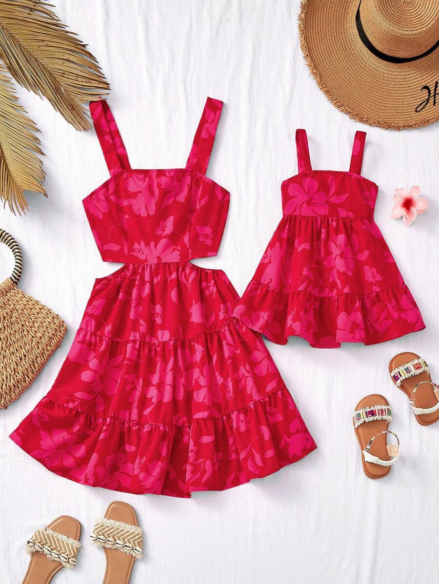 Travachic KIDS Baby Girl Summer Cute Vacation Red Leaf Print Sleeveless Dress - Pink - View 1