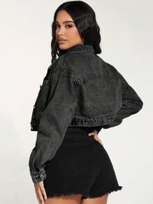 SHEIN PETITE Women's Front Button Long Sleeve Pocket Casual Denim Jacket