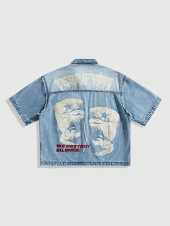 Street Life Men's Boxy Fit Printed Denim Top, Denim Short Sleeve Shirt