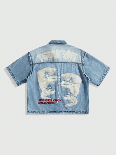 Street Life Top en denim imprimé, coupe ample pour hommes, chemise en denim à manches courtes