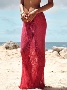 Opulessa Casual Solid Color Knit Lace Fit & Flare Skirt - Red - View 3