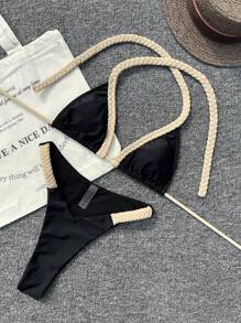 SHEIN X Sofía Suescun Swim Vcay Women's Solid Color Crochet Halter Tie-Up Regular Summer Bikini Set