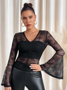 SHEIN Clasi Elegant Sexy Sheer Lace Bell Sleeve Hollow Out Blouse For Women,New Year Eve Dress