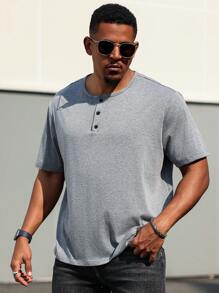 Manfinity Homme Plus Size Heren Effen Kleur Knoopsluiting Korte Mouw Casual T-shirt