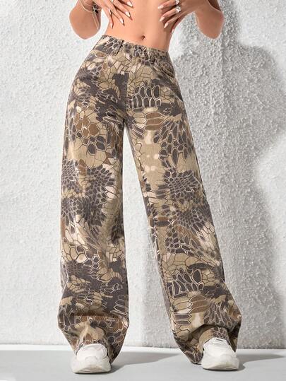 SHEIN EZwear Women's Colorblock Print Wide-Leg Denim Jeans