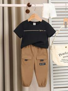 Bubblio 男童休闲字母印花宽松短袖T恤大口袋裤子两件套，适合春夏秋季 - 彩色 - 查看 4