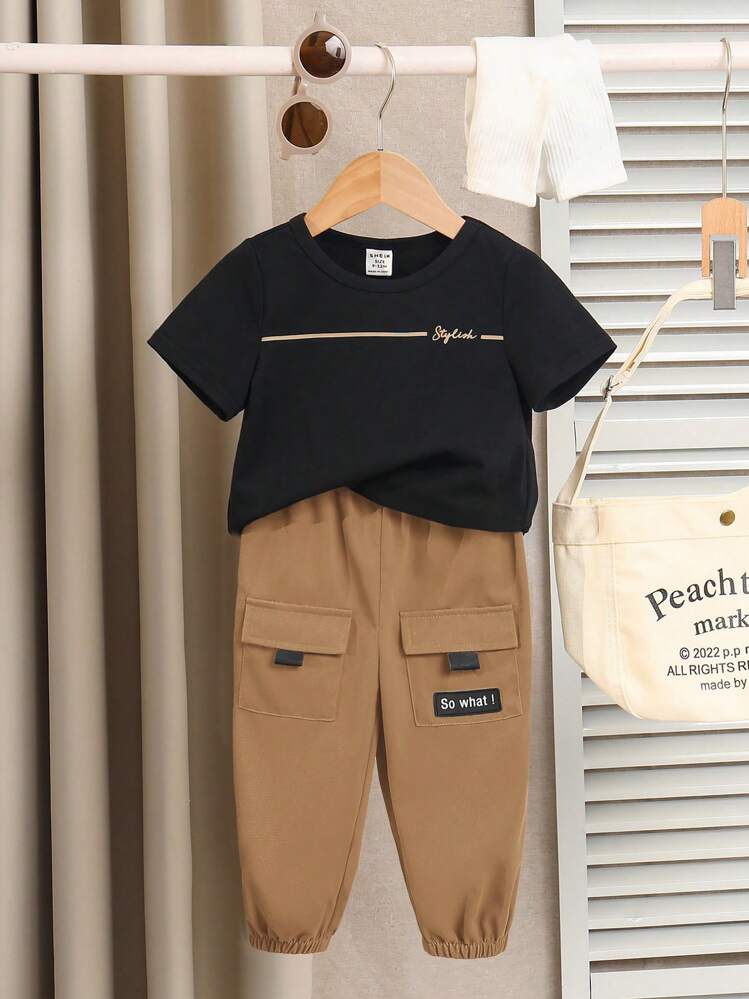 Bubblio Baby Boys Casual Letter Print Loose Short Sleeve T-Shirt With Large Pockets Pants 2 Pieces Set, Suitable For Spring Summer Autumn - Multicolor - View 4