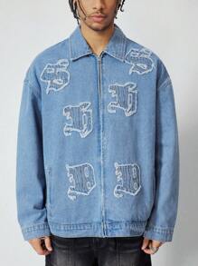 ROMWE MEN Street Life Men's Casual Denim Jacket With Letter Applique, For Autumn - Blue - View 5