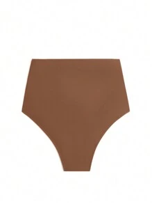 SHEIN Swim 夏季女式纯色褶饰简约修身比基尼泳裤，休闲度假 - 咖啡棕 - 查看 2