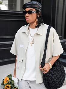 PAVTROS Manfinity Streetrush Men's Button Front Short Sleeve Pocket Simple Shirt, Boyfriend Gift - Khaki - View 6