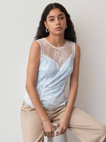 MOTF STUDIO BLUSA SEM MANGAS COM RENDA CONTRASTANTE - Azul e Branco - Visão 3