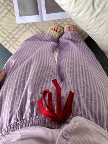 DAZY 条纹宽松腰抽绳休闲舒适裤，女士春季家居舒适裤睡衣 - 紫色 - 查看 4