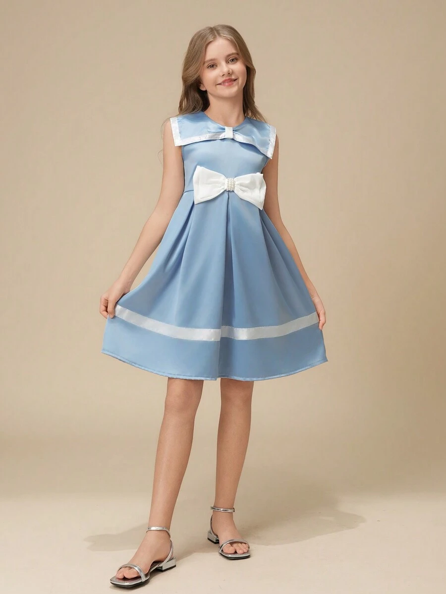 Đầm nữ mùa hè thanh lịch quyến rũ cổ xanh navy không tay eo cao eo cao nơ tương phản trang trí phong cách trường học - Màu xanh lam - Xem 1