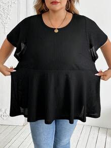SHEIN CURVE+ Plus Size Women A-Line Short Sleeve Black T-Shirt Top, Versatile Casual Holiday