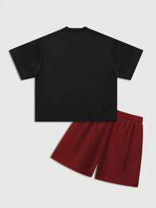 ROMWE MEN Anime Men's Loose Cropped Print T-Shirt Set - Black - View 2