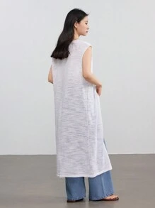 DAZY Linen Solid Color Minimalist Long Tunic, V-Neck With Drawstring, Casual Vacation Cardigan For Women Old Money Style - White - View 5