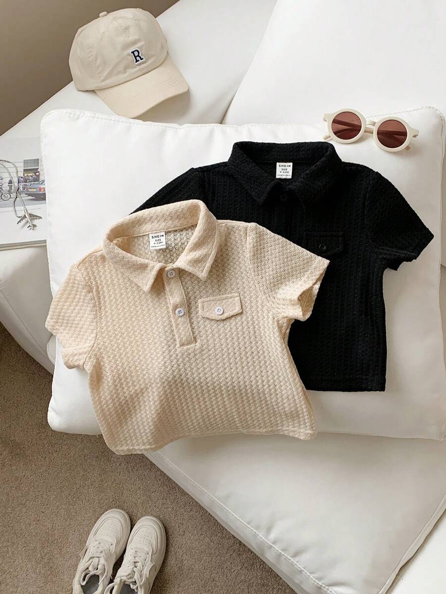 SHEIN Set de 2 pullovers de bebé niño de unicolor, de punto suave, con cuello vuelto, manga corta y cierre parcial - Multicolor - Ver 1
