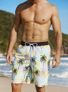 Surfspeed Men's Coconut Tree Print Drawstring Waist Beach Shorts Men Swim Trunks - Multicolor - View 5