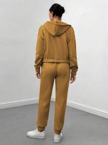 SHEIN Essnce 3 件/套女式單色背心、拉鍊連帽外套和慢跑褲套裝 - 棕色 - 查看 2