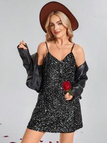 SHEIN LUNE V领A字亮片纹理面料休闲通勤优雅外出性感派对迷你连衣裙女士度假装女士情人节生日连衣裙女士生日装女士狂欢节情人节连衣裙 - 黑色 - 查看 5