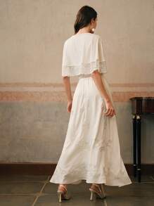 Anewsta Đầm voan dài không tay cổ chữ V nhún bèo thêu viền ren cho nữ đi nghỉ thường ngày - trắng - Xem 4