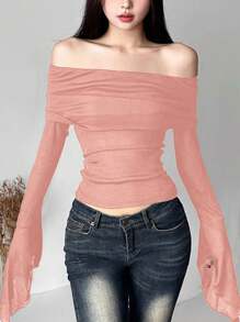 SHEIN Privé Women's Pink Strapless Extra Long Sleeve Slim Fit Knit Top,Valentines Clothes,Valentines Clothes,Off The Shoulder Top,Going Out Tops Women,Going Out Tops Women,Knit Top,Knit Top - Pink - View 1