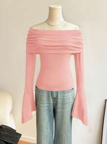 SHEIN Privé Women's Pink Strapless Extra Long Sleeve Slim Fit Knit Top,Valentines Clothes,Valentines Clothes,Off The Shoulder Top,Going Out Tops Women,Going Out Tops Women,Knit Top,Knit Top - Pink - View 4