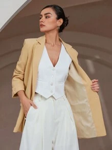 SHEIN Privé Women's Plain Button-Front Long Sleeve Pocket Simple Jacket, Casual Everyday Wear Fall Cloth For Women - Khaki - View 8